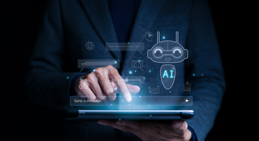 Darkened image of a hand touching an iPad with a little digital ghost hovering over it labelled "AI". Keywords LLM, Generative AI.