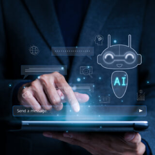 Darkened image of a hand touching an iPad with a little digital ghost hovering over it labelled "AI". Keywords LLM, Generative AI.