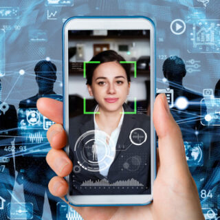 AI authentication by facial recognition concept. Biometric. Security system.
